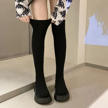 2023 Осенне-зимние женские сапоги выше колена на платформе, женские эластичные вязаные носки, Длинные сапоги, женская обувь без застежки на толстой подошве