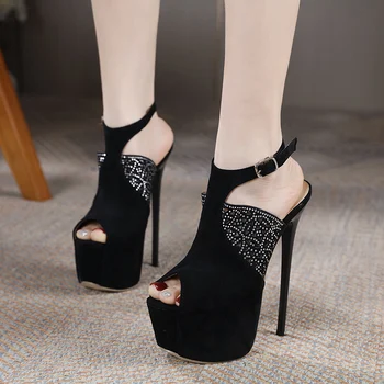 Босоножки на каблуке 16 см, туфли-лодочки с открытым носком, женские черные летние платья на каблуке со стразами, дизайнерские вечерние туфли Sandalis Feminina