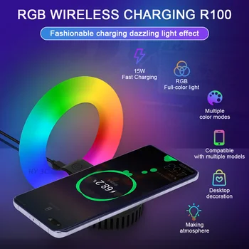 Быстрое беспроводное зарядное устройство R100 RGB мощностью 15 Вт для серии iPhone, индукционный ночник, зарядная док-станция для Android, несколько моделей