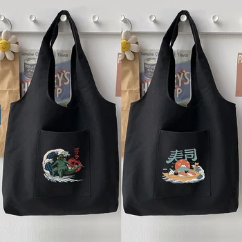 Женская сумка, сумка для покупок, сумка для пригородных поездок, холщовая сумка через плечо, повседневная женская жилетка с японским волнистым рисунком, базовая сумка-тоут
