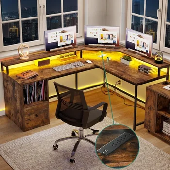 67-дюймовый Большой компьютерный стол с ящиками для папок, мебель L-образной формы, стол с розетками и светодиодной подсветкой, коричневая столешница в деревенском стиле