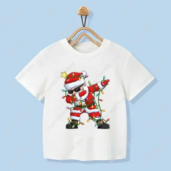 Дети, вытирающие Санту рождественскими гирляндами, футболка, Праздничная подарочная одежда, детская футболка для мальчиков, футболка для вечеринок, одежда для девочек, детская одежда