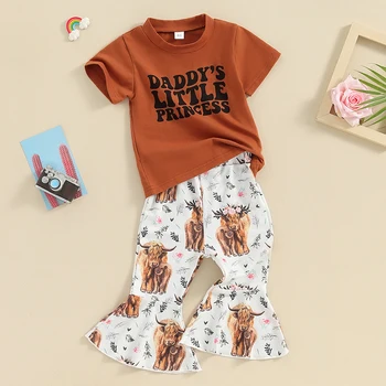 Весенняя одежда для маленьких девочек из 2 предметов, футболка с коротким рукавом и расклешенными штанами с принтом коровы, комплект одежды для малышей