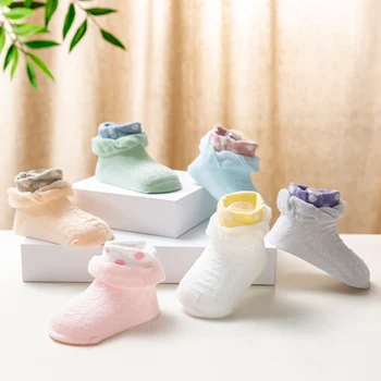 Летние кружевные сетчатые носки контрастного цвета для новорожденных мальчиков и девочек, однотонные дышащие носки для младенцев, милые хлопчатобумажные носки для девочек