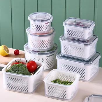 Ящик для хранения холодильника Органайзер для холодильника Коробки для свежих овощей и фруктов Сливная Корзина Контейнеры для хранения Кладовая Кухонный Органайзер