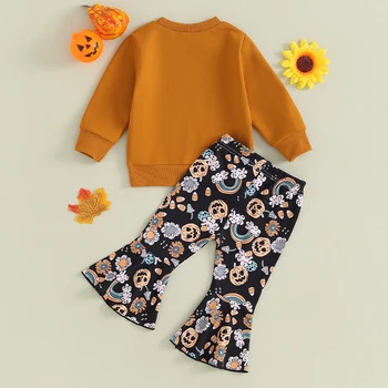 Осенние наряды для маленьких девочек, толстовки с буквенным принтом, брюки-клеш с цветком тыквы и радужным принтом, комплект одежды для Хэллоуина из 2 предметов