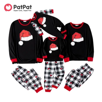 Комплекты черных пижам в клетку с длинными рукавами и принтом рождественской шляпы PatPat для всей семьи (огнестойкие)