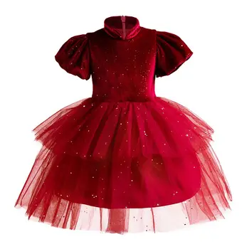 Платья для девочек, новое детское свадебное платье в китайском стиле, платья принцессы со стоячим воротником, красное бархатное вечернее платье, детская одежда