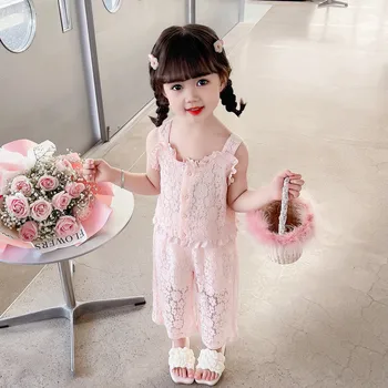 Комплекты детской одежды в милом стиле, топы с цветочным кружевом для маленьких девочек, штаны, детская розовая одежда принцессы, Летняя одежда для младенцев 2-8 лет
