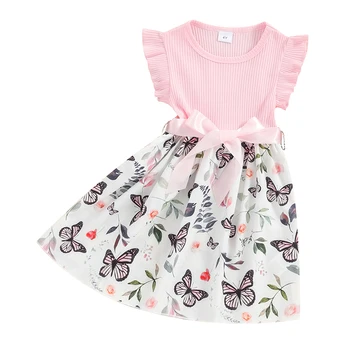 Платье для маленьких девочек с рукавами-крылышками, платье в рубчик с принтом в стиле пэчворк, однотонный комплект с поясом, детская летняя одежда