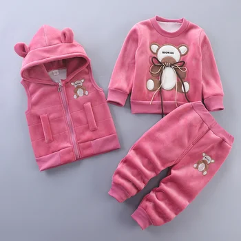 Новые зимние комплекты детской флисовой одежды, осенний хлопковый толстый теплый свитер с капюшоном для мальчиков и девочек, штаны с мультяшным медведем, детский костюм из 3 предметов от 0 до 4 лет