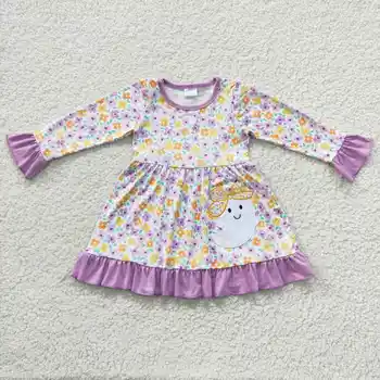 Оптовая продажа, Платье-Призрак с вышивкой на Хэллоуин для маленьких девочек, Одежда с длинными рукавами и цветами тыквы, Детская Фиолетовая одежда для младенцев