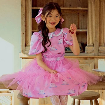Осеннее детское платье Комплекты детской одежды для девочек В стиле милой принцессы, свободное платье с короткими рукавами и сетчатыми юбками с мультяшным принтом