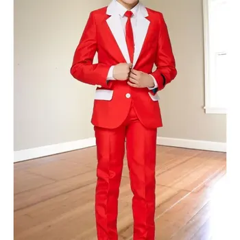 Модные костюмы для мальчиков, красные, белые, комплекты из 2 предметов, высококачественная куртка, брюки для детей, карман с клапаном для выступлений, новинка в костюме для мальчиков