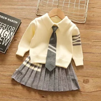 Комплект свитеров для девочек, весна и осень 2024, Новый модный детский вязаный комплект из трех предметов в стиле Baby Academy, детская одежда