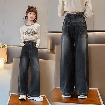 Новые широкие джинсы для маленьких девочек, Детские джинсовые брюки для девочек, детская верхняя одежда, длинные брюки, одежда для девочек, осень-весна 120-170