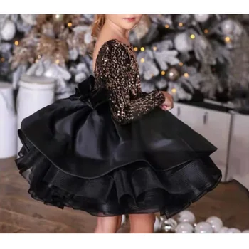Платье принцессы с длинными рукавами для девочек, платье для вечеринки по случаю дня рождения, детская одежда, кружевное черное бальное платье с блестками, милое вечернее платье от 1 до 15 лет