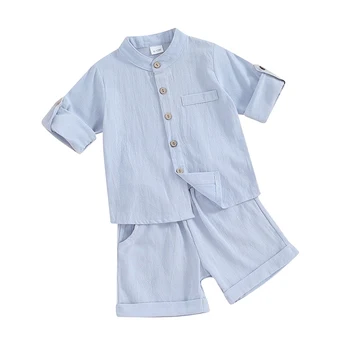 Летняя одежда для маленьких мальчиков, хлопковая льняная рубашка с коротким рукавом и пуговицами, шорты с эластичной талией, комплект повседневной одежды