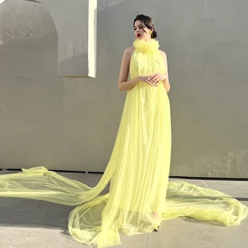 Вечерние платья ROSELLA Yellow с 3D цветочным рисунком на бретелях для женщин, плиссированный придворный шлейф, бальное платье А-силуэта с открытой спиной, садовое вечернее платье для вечеринок