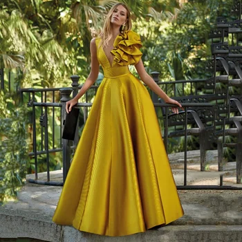 Женское сексуальное золотое платье без рукавов с глубоким V-образным вырезом 2024 года, элегантное плиссированное атласное платье, коктейльное платье трапециевидной формы длиной до пола, вечернее бальное платье