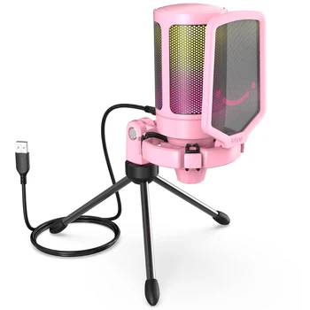 USB-микрофон FIFINE для Игровых ПК для Потоковой передачи Подкастов, Компьютерный Конденсаторный Микрофон AmpliGame RGB для студии/Видео-Розовый
