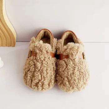 Детская обувь ягненка в Корейском стиле, осень-зима, Новая Милая Плюшевая Детская хлопчатобумажная обувь на плюшевой мягкой подошве, теплая обувь