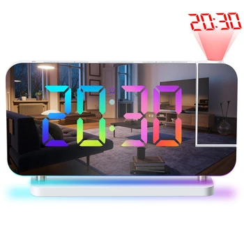 Динамический RGB проекционный будильник с регулировкой громкости ослепительного окружающего света RGB, двойной выходной порт USB, цифровые часы на 12 часов/24 часа