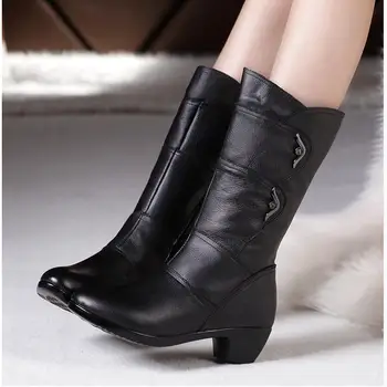 Кожаные ботинки, женские удобные резиновые сапоги до середины икры на молнии, нескользящие, Приятная весенняя женская зимняя обувь, Черный, большой размер, Приятный поп
