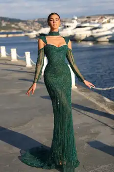 Элегантное длинное темно-зеленое бальное платье с открытыми плечами, расшитое бисером, вечернее платье на молнии в русалку длиной до пола 2024 года