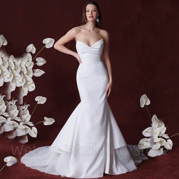 Свадебное платье без бретелек с V-образным вырезом, без рукавов, классическая русалка, длина до пола, открытая спина с пуговицами, шлейф, платья для невест