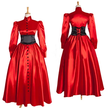 Викторианское атласное платье со стоячим воротником, винтажное красное свадебное платье для новобрачных, красное платье принцессы в стиле театра Возрождения, платье