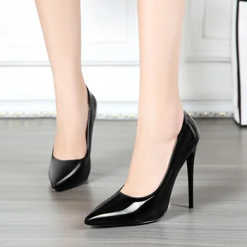 Весенне-осенние туфли-лодочки с закрытым носком, Новый стиль, Пикантные черные женские туфли для ночного клуба с острым носком на высоте 12 см, большие размеры 34-47