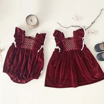 Осенняя детская одежда для сестер для маленьких девочек, красное Рождественское платье, комбинезоны для малышей, бархатные платья для девочек с длинными рукавами, одежда для девочек
