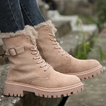 Женские армейские ботинки с пушистой флисовой подкладкой, зимние ботинки на шнуровке с круглым носком, теплые зимние уличные короткие ботинки
