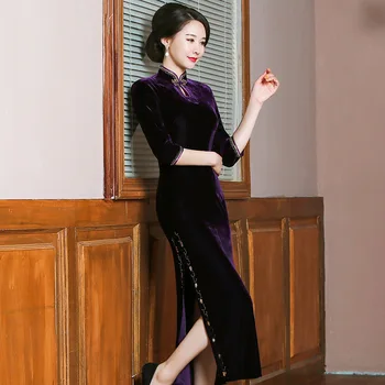 Плюс Размер 4XL 5XL 6XL Длинное Женское Платье Ципао В Традиционном Китайском Стиле Cheongsam, Элегантное Бархатное Платье Vestidos Для Вечерней вечеринки