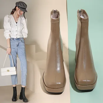 Резиновые зимние ботинки Женская обувь дождь сапоги Сапоги-женщины 2023 рок лодыжки высокий каблук Лолита квадратный носок швейная твердые Ридин