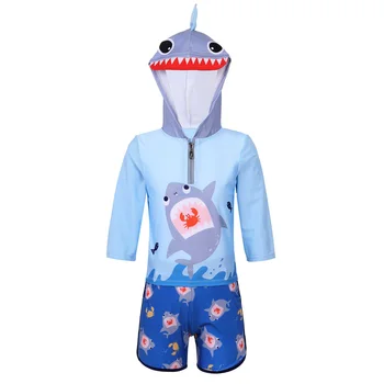 Небесно-голубой детский купальник для мальчиков с капюшоном и длинными рукавами, топы и шорты с рисунком мультяшных акул и крабов