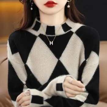 Пуловер 2023, контрастный свитер в ромбовидную клетку, женский свитер с полувысоким вырезом, свободный свитер, пуловер спицами, женский топ