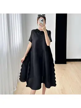 Женское летнее платье-поло Ansman Miyake Design Sense с коротким рукавом, свободное, 2023, Новый кардиган с флисовым покрытием, плиссированная юбка