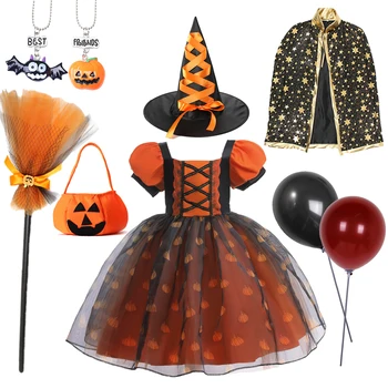 Новый Детский Оранжево-Фиолетовый костюм Ведьмы на Хэллоуин, Длиннохвостая Карнавальная вечеринка, Необычный костюм Вампира для девочек с пышными рукавами для девочек