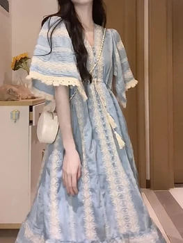 Летнее повседневное платье Миди в стиле бохо 2023, женская верхняя одежда, Пляжное элегантное платье, Офисное Женское Французское цельное платье с коротким рукавом, Корейское платье