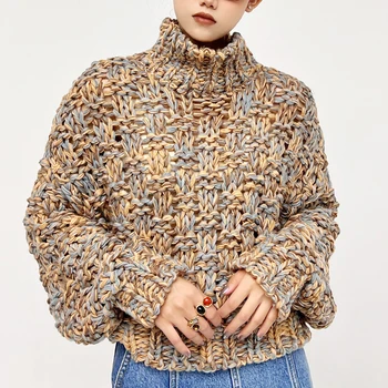 Женский свободный клетчатый свитер с высоким воротом 2023, Зимний Винтажный Пуловер ручной работы, Женская одежда