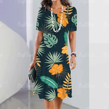 Новые Женские платья с Элементами Гавайского Цветочного Принта, Элегантная Повседневная Уличная Одежда Для Вечеринок Y2k Loose Plus Size Clothing 2024