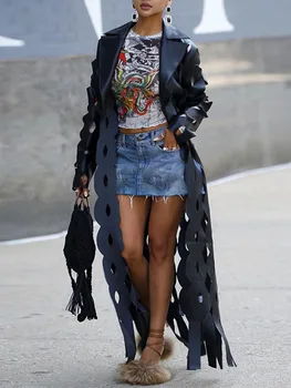 Тренч из искусственной кожи, женская Модная длинная куртка с открытыми лацканами, женский Хипстерский дизайн с кисточками, Уличная одежда, Кардиган, верхняя одежда