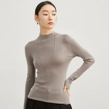 100% шерстяной камвольный тонкий кардиган из бесшовного, полностью сформированного трикотажа для женщин 2023, пуловер с полуприлегающим воротом, пуловер A23009