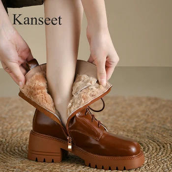 Kanseet 2023, Зимние женские короткие ботинки, теплые ботильоны на меху, натуральная кожа, круглый носок, молния на шнуровке, Женские туфли на толстом каблуке, Новинка