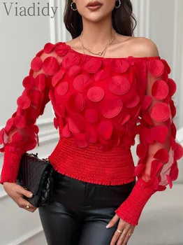 Женский повседневный однотонный пуловер с цветочным декором из гофрированной прозрачной сетки в стиле пэчворк, блузка, топ