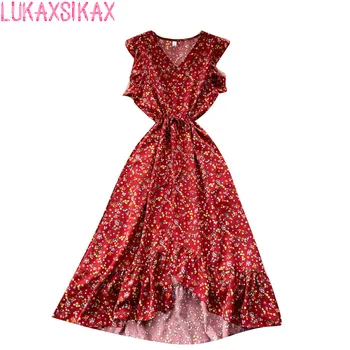 LUKAXSIKAX 2022 Новое Летнее женское платье с V-образным вырезом и рукавами-оборками на шнурке, тонкое длинное платье в винтажном стиле с милым цветочным рисунком 