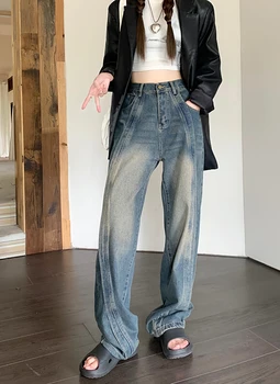 S-XL Осенние женские длинные джинсовые брюки в американском стиле, Винтажные уличные джинсовые брюки с высокой талией и широкими штанинами для женщин (L9025