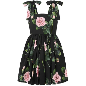 Модное Дизайнерское платье с цветочным рисунком для подиума, Летнее женское мини-платье, сарафан на бретельках с цветочным принтом Розы, Черные платья для отпуска